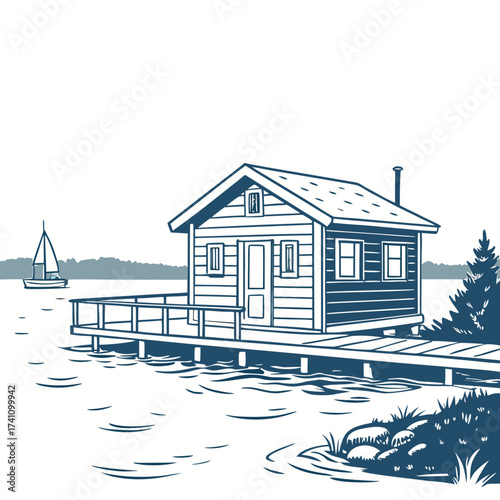 Wooden cabin on pier with sailboat on lake vector house
