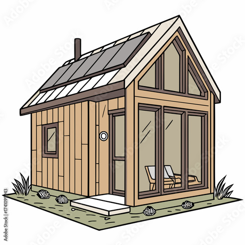 Wooden cabin with solar panels and large windows tiny house