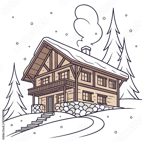 Wooden chalet house with snow covered roof and trees