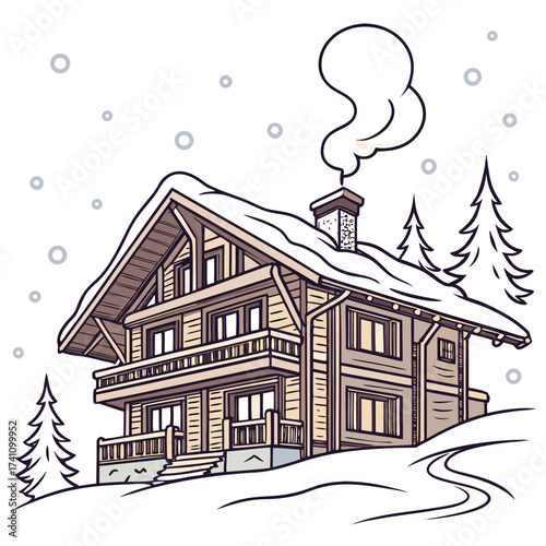 Wooden chalet house with snow and smoke vector illustration