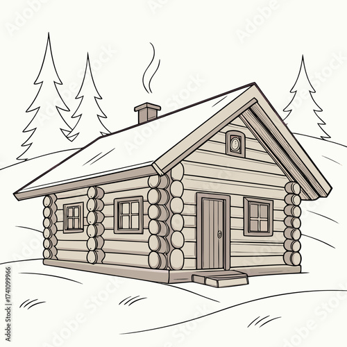 Wooden log cabin with snow covered roof and trees house