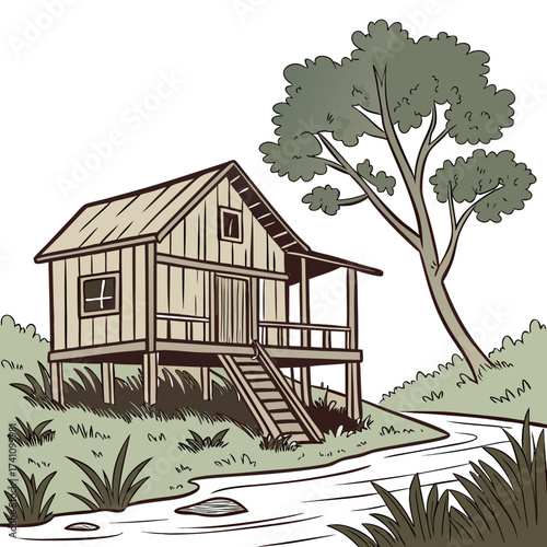 Wooden stilt house by river with tree and grass wooden house