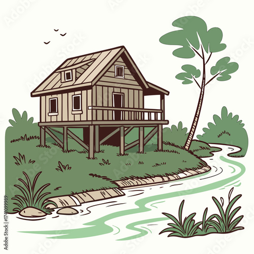 Wooden stilt house on river bank with trees and birds