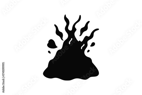 Abstract silhouette of a dark fiery explosion with dynamic flame shapes and scattered embers or sparks against a white background