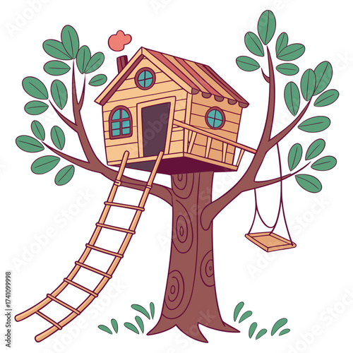 Wooden treehouse with ladder and swing on tree vector