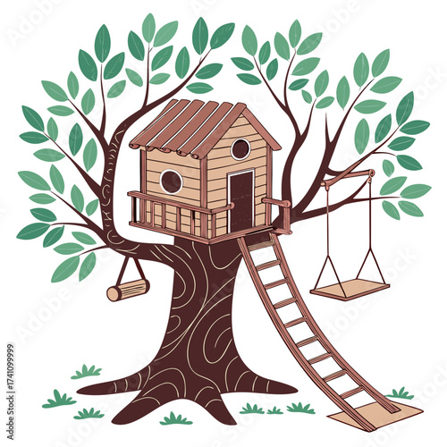 Wooden treehouse with ladder and swings on white background
