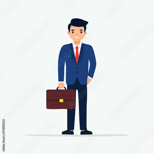 A cartoon businessman in a blue suit holding a briefcase standing against a plain white background with a professional mood.