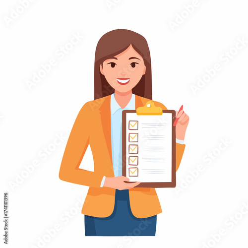 Cartoon illustration of a smiling businesswoman holding a clipboard with a checklist and pen in her hands against a clean white background.
