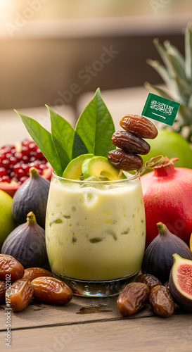 Healthy Avocado and Date Smoothie with Fresh Figs and a Saudi Arabian Flag.
