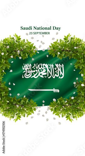 Saudi National Day Celebration with Green Flag and Wreath.