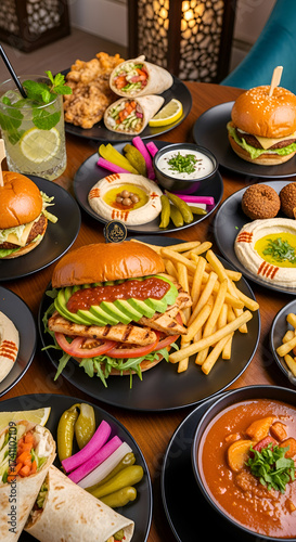 Delicious Middle Eastern Feast - Burgers, Wraps, Hummus, and More.