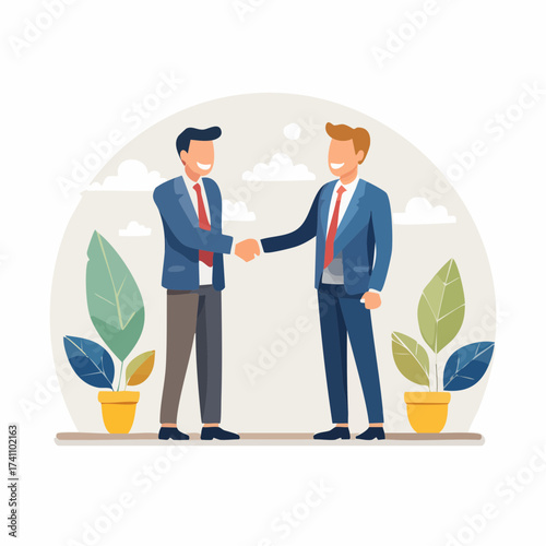 Two businessmen shaking hands in a friendly greeting with plants in the background, illustrated in a flat style with a professional and approachable mood.