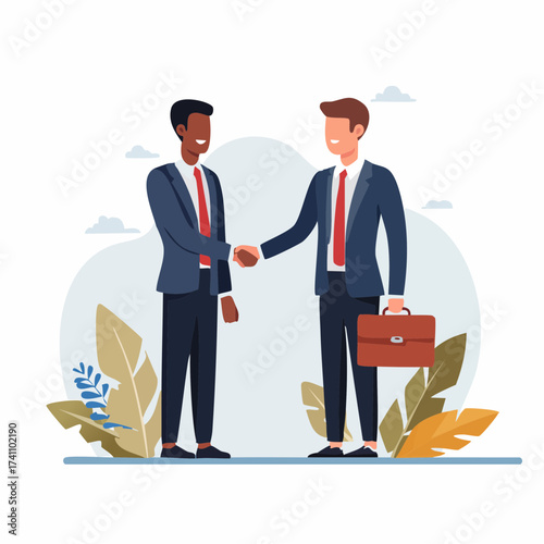 Two businessmen in suits shaking hands with a briefcase and plants in a flat, colorful illustration with a professional and friendly mood.