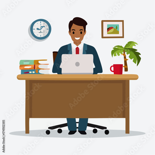 Illustration of a smiling businessman sitting at a desk with a laptop, books, and a coffee cup in a simple office setting.