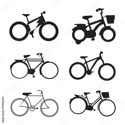 Set of bicycle silhouettes in different styles. Vector illustration of road bike, mountain bike, and city bike shapes isolated on white background.