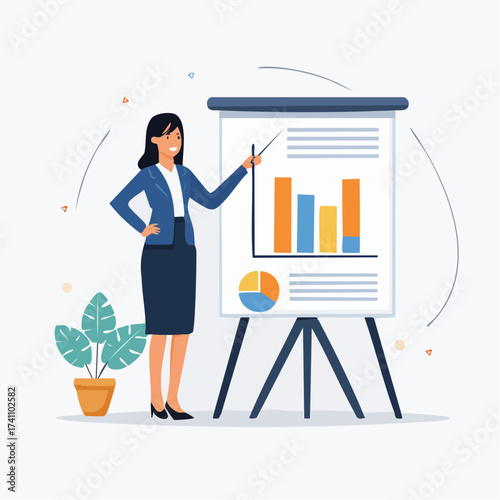 A professional woman presenting a colorful graph on a projector screen with a plant nearby in a modern office setting with a clean and minimalist mood.