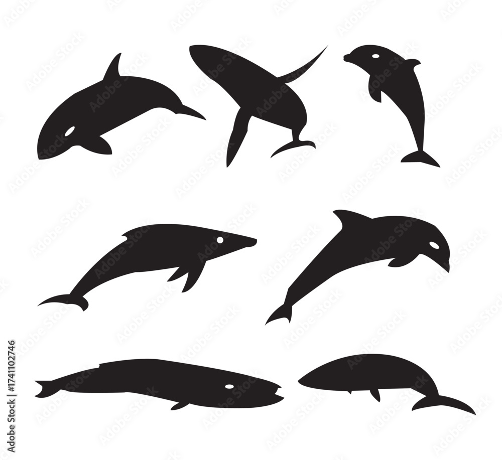 Fototapeta premium Silhouettes of different marine animals, including dolphins, sharks, and a whale, in dynamic poses.