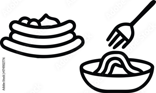 Vector drawing icon set of sweet dessert bakery food, including cake on a plate with icing and a cherry
