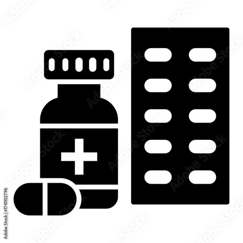 A collection of medicine icons. Flat, black, and transparent. Packaging for health medications and capsules. Vector illustration.
