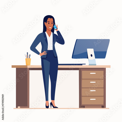 Illustration of a confident businesswoman talking on phone standing beside a desk with computer and office supplies on a plain white background.