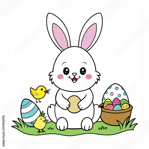 Easter bunny coloring page cute kawaii bunny in basket with easter eggs outline art on transparent background