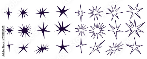 Black crayon hand drawn stars set. Childish doodled sparks and sparkles collection. Grunge rough brush stroke shine element pack for collage, poster, sticker. Kid sketched wax pencil symbols