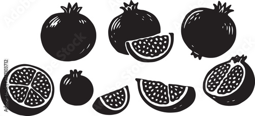 Pomegranate fruit linocut illustration black and white vector engraving with whole and sliced fruit detailed botanical print for juice and food packaging design