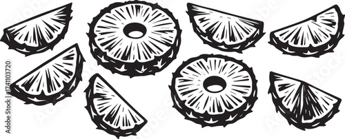 Pineapple fruit linocut illustration black and white vector engraving with sliced rings and wedges tropical engraving for juice and food label design