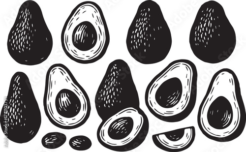 Avocado linocut illustration with whole and halved avocados black and white engraving vector texture for healthy food packaging and design