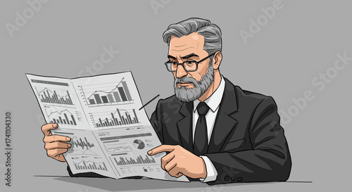 Focused senior businessman analyzing financial charts and data in a newspaper