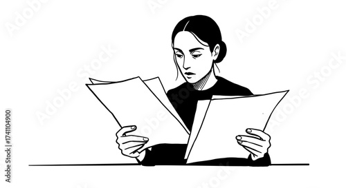 Woman meticulously examining documents at her desk with a focused expression