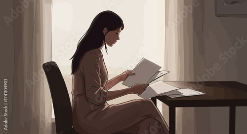 Thoughtful woman diligently processing and organizing essential paperwork for efficient management