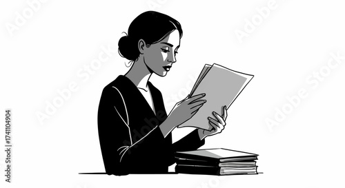 Woman reading documents in black and white illustration