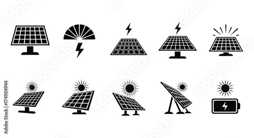 Vector illustration of set of solar panel icons, , depicting renewable energy, sustainable power, and clean electricity generation for a greener planet