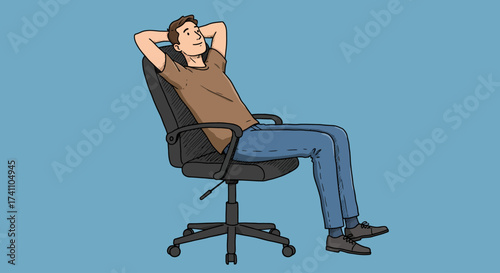 Relaxed man sitting in an office chair with hands behind head