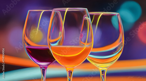 Three vibrant wine glasses with colorful liquid, creating a cheerful and artistic ambiance