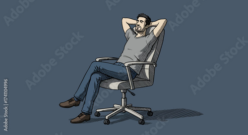 Thoughtful young man in casual clothes relaxing in an office chair, taking a peaceful break