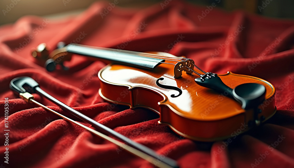 Fototapeta premium Elegant Violin on Red Fabric Background for Music Blogs, Instrumental Education, Classical Music Promotions, and Concert Advertisements