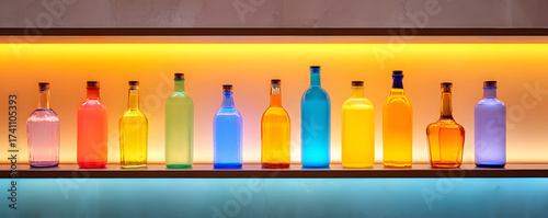 A vibrant display of colorful glass bottles illuminated against a soft glowing background. The bottles are arranged in a row, showcasing a diverse spectrum of colors and shapes