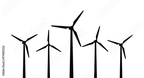 Vector illustration of silhouette of wind turbines, showcasing renewable energy and sustainable power generation in a minimalist design