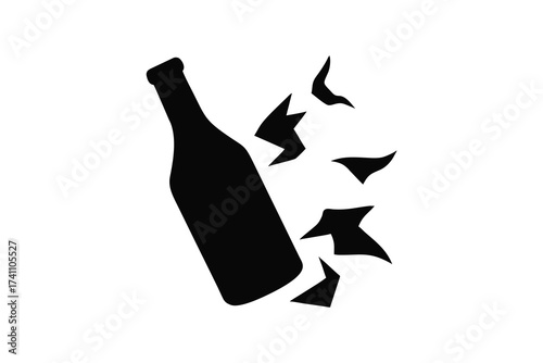 A simple black silhouette of a glass bottle breaking apart into sharp shards against a white background silhouette