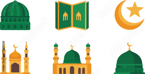Islamic symbols and architecture on white background