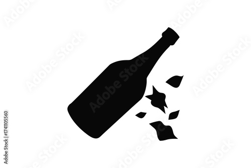 A stark black silhouette of a broken bottle with shards of glass scattering outwards against a clean white background