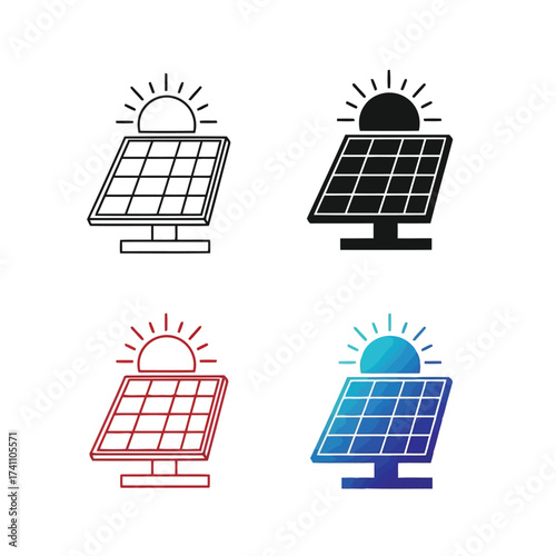 Vector illustration of solar panel icon set in various styles, showcasing renewable energy and sustainable power generation options