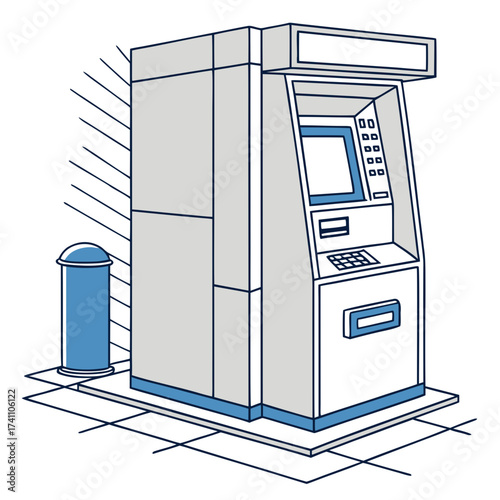 A T M machine and trash can on white background atm machine