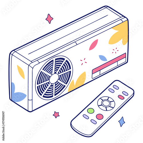 Air conditioner unit with remote control and floral accents