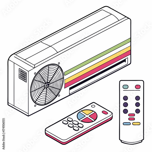 Air conditioner unit and two remote controls illustration