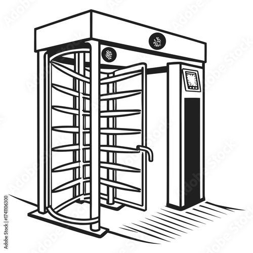 Black and white illustration of a revolving security gate