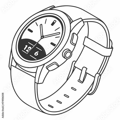 Black and white illustration of a smartwatch digital watch