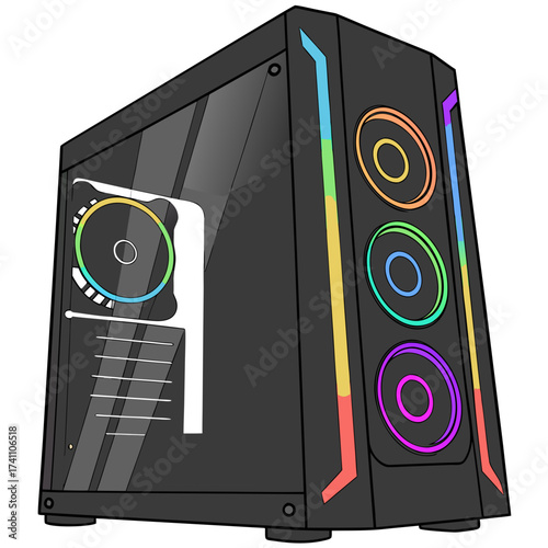 Black desktop computer tower with rainbow R G B lights